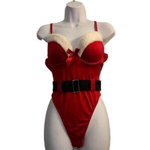 Chantal Cheri Red Santa Bodysuit Teddy Lingerie Set Belt Fur Trim, Small